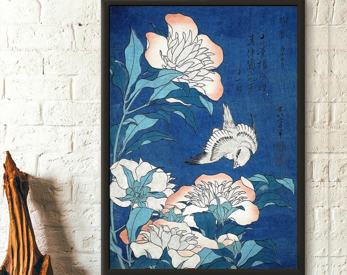 Canary and Peonies 1834 Katsushika Hokusai Print Ukiyo-e Poster Japanese Wall Art Hokusai Poster Japanese Decor Japanese Print