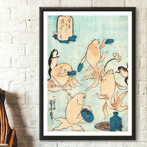 Frogs and Fishes - Nursery Wall Art - Japanese Art - Living Room Prints Art Reproduction