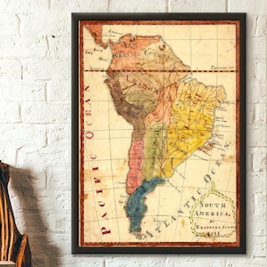 Póster vintage con mapa de Sudamérica de 1816 para decoración del hogar, sala de estar, idea única para regalo de cumpleaños.