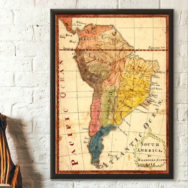 Karte von Südamerika 1816 – altes Kartenposter, Südamerika-Poster, Landkarte, Wandkunst, Geburtstagsgeschenkidee, Einweihungsparty – Wohnzimmerdrucke