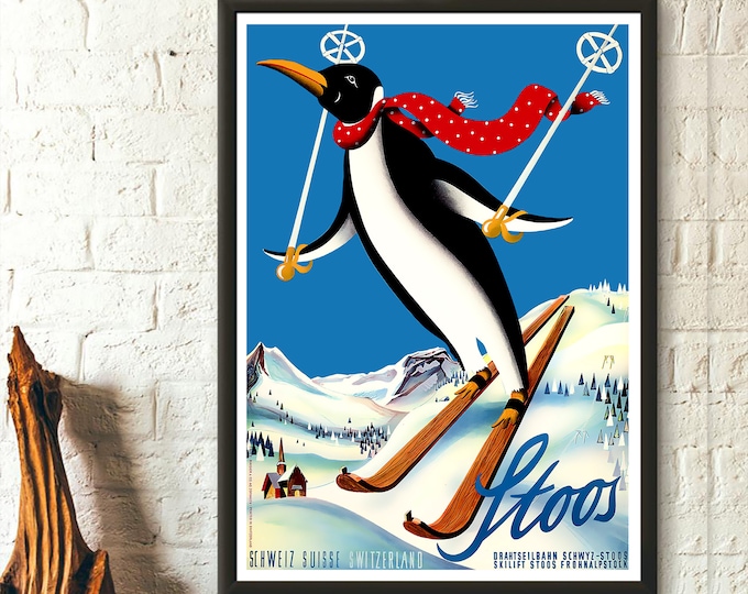 Switzerland Vintage Ski Travel Poster  Premium Wall Art Decor  Swiss Print