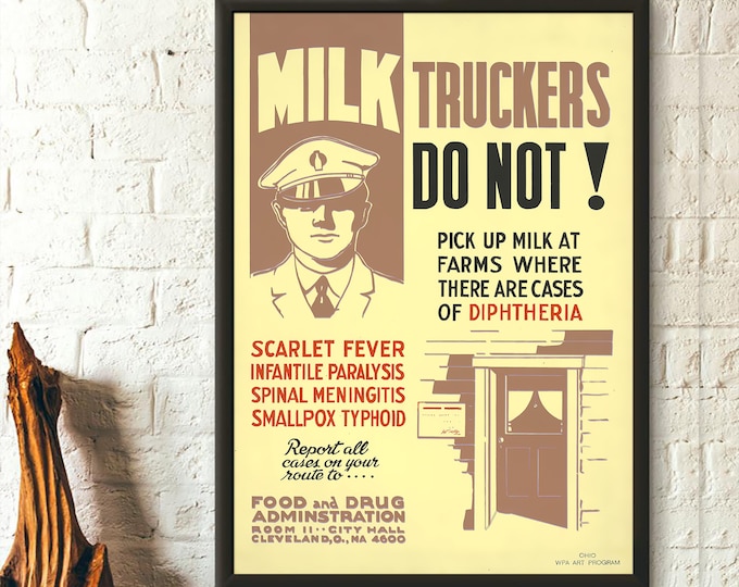 Vintage Diphtheria Meningitis Food Poster  Unique Kitchen Decor  FDA WARNING Wall Art Gift