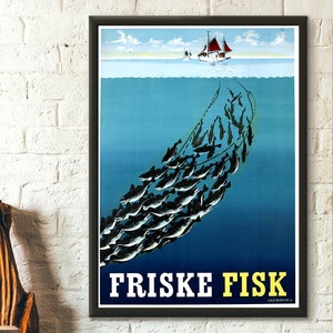 Poster vintage di pesca, decorazione da parete per cucina di qualità premium, Friske Fisk Decor