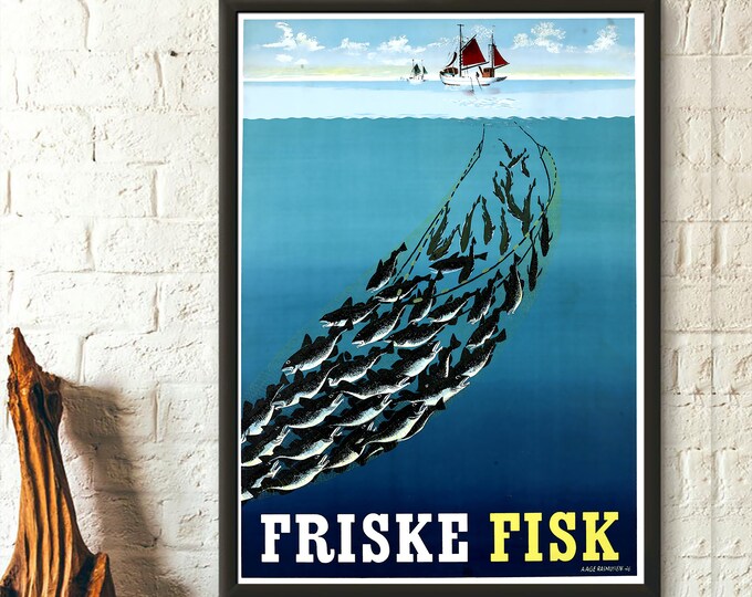 Vintage Fishing Poster  Premium Quality Kitchen Wall Art  Friske Fisk Decor