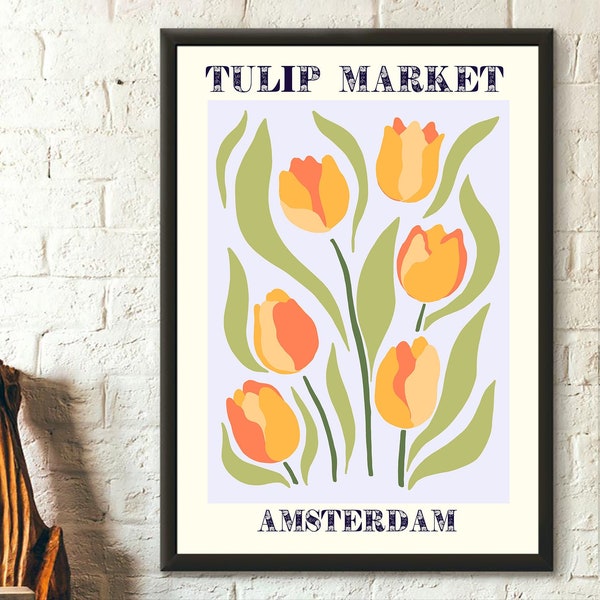 Tulip Market Amsterdam Impression d'art botanique colorée Impression de fleurs printanières Impression d'art colorée, Impression d'art floral printanier, Impression de fleurs sauvages