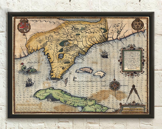 Vintage Florida  Cuba Map Wall Art  Retro Travel Poster Print  Antique Florida Decor