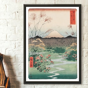 Póster de la llanura de Otsuki, 1858, Hiroshige Ukiyo-e, arte del período Edo, impresión del Monte Fuji