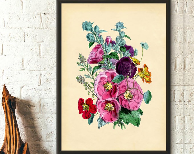 Hollyhocks Flower Print Vintage Botanical Print Flower Print Romantic Floral Illustration Flower Art Botanical Wall Art