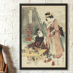 Póster ukiyo-e: Escena de principios de primavera de Kitagawa Utamaro, arte mural japonés