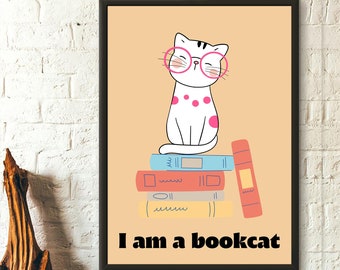 Poster chat livre - Art mural de dortoir de motivation d'étude - cadeau étudiant amateur de livres tx