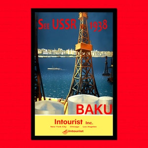 Póster de viaje de Bakú, Azerbaiyán, arte mural, decoración soviética premium