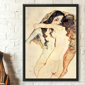 Lámina de Egon Schiele - Dos mujeres abrazándose - Arte mural expresionista - Regalo de cumpleaños lésbico