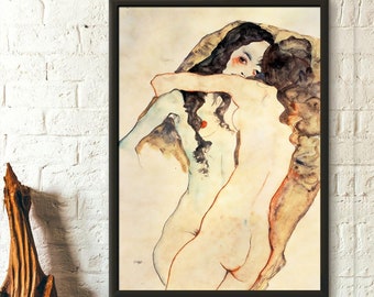 Deux femmes embrassant une estampe Egon Schiele de 1911 - Fine Art Print, décoration d'intérieur, impressionnisme, impression Schiele, affiche d'art mural lesbien, cadeau d'anniversaire