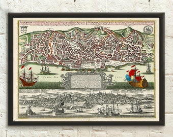 Ancienne carte de Lisbonne 1730 - Art mural carte de Lisbonne Carte du Portugal Affiche de Lisbonne Idée cadeau de pendaison de crémaillère Reproduction d'art