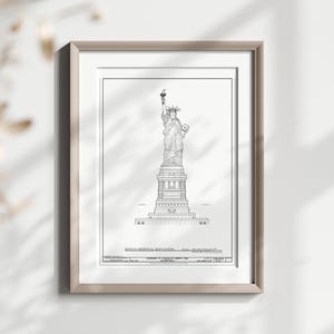 Stampa murale della Statua della Libertà, icona di New York, disegno architettonico dettagliato, decorazione d'epoca per la casa, poster di un monumento storico