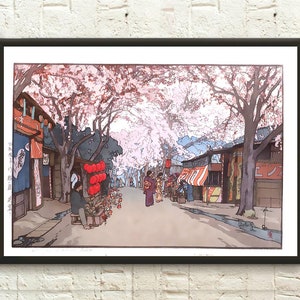 Premium Qualitätsposter: Kirschbäume 1935 von Hiroshi Yoshida - Asiatischer Holzschnitt Ukiyo-e Edo-Zeit Wandkunst Japandi Dekor
