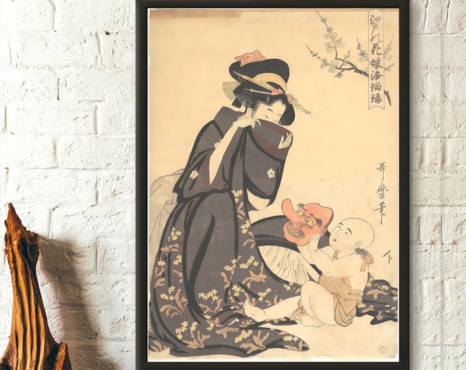 Wall Art Japan Art - A Woman Playing With A Young Boy - Kitagawa Utamaro Print Ukiyo Poster Gift Idea  Japan Wall Art Japanese Wall Art