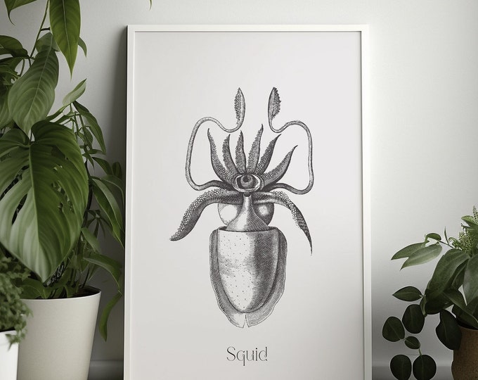 Minimalist Squid Poster -  Nautical Print Sea Life Poster Squid Poster Gift Idea. Create your own set from our store. Wall Art