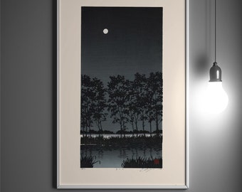 Poster japonais Koitsu de la période Edo - Impression d'arbres au clair de lune et de rivière - Cadeau d'art mural Japon tx