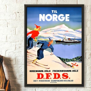 Póster vintage de viaje de esquí de Noruega, años 50, arte mural, decoración de nieve invernal