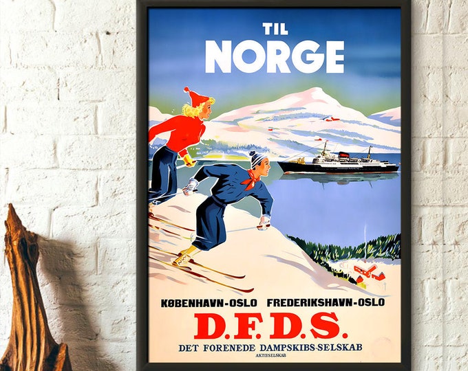Vintage Norway Ski Travel Poster  1950s Wall Art  Winter Snow Decor