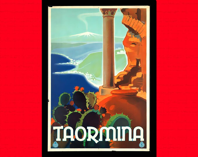 Taormina Travel Poster  Italy Wall Art Print  Vintage Hotel Decor Housewarming Gift