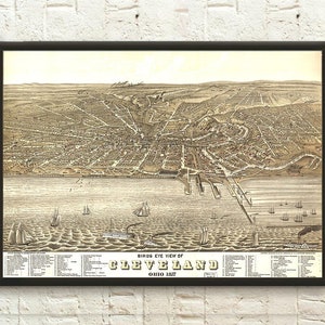 Mapa de Cleveland de 1877, arte mural, póster antiguo de Ohio para decoración del hogar, idea única para regalo de cumpleaños