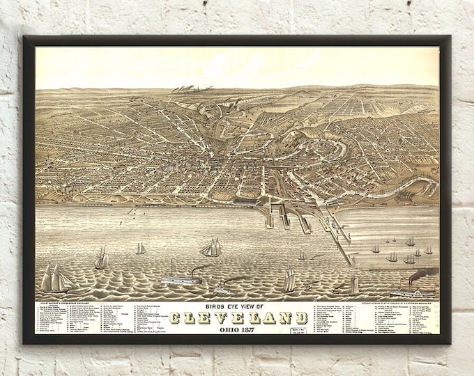 1877 Cleveland Map Wall Art  Antique Ohio Map Poster for Home Decor  Unique Birthday Gift Idea