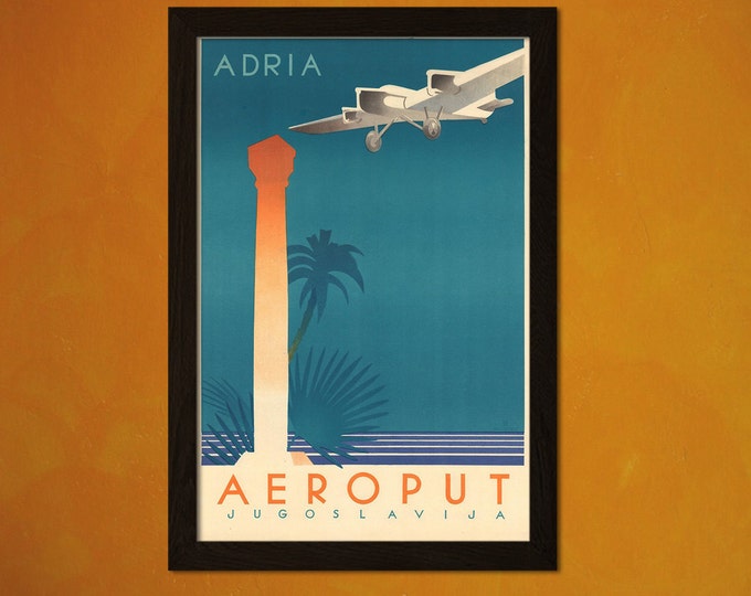 Aeroput Yugoslavia Travel Print  Vintage Adria Plane Poster  Unique Wall Art Gift Idea