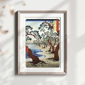 Maglietta con stampa d'arte giapponese vintage con paesaggio Ukiyo-e e design di pini costieri
