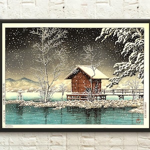 Templo de Kansa en el lago Tazawa Cartel 1927 Kawase Hasui Impresión Japonés Ukiyo-e Arte de pared