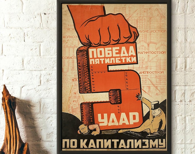 Soviet Propaganda Poster 5 Years of Victory Against Capitalism Stalin Artwork for Home Décor