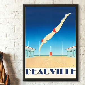 Póster de viaje vintage de Deauville, Francia, arte mural de primera calidad, decoración de viaje elegante.