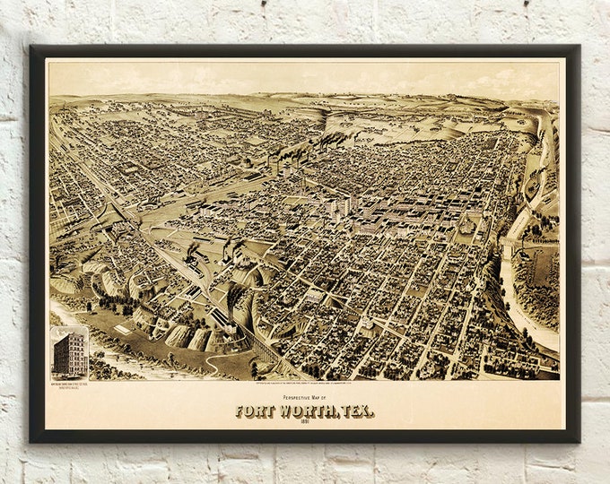 1891 Antique Fort Worth Map Print  Texas Poster Art  Unique Vintage Gift