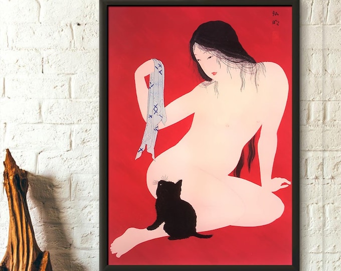 Printed on Matte Paper -  1930 Takahashi Hiroaki Print Woman with Kitten Japanese Ukiyo-e Wall Art Hiroaki Reproduction Japanese Decor