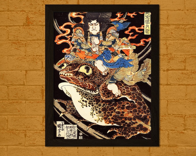 Tenjiku Tokubei Riding a Giant Toad Ukiyo-e Vintage Art Print Retro Japanese Artwork