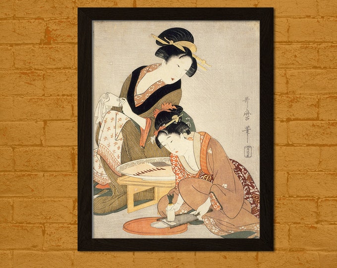 Wall Art Preparing Raw Fish - Kitagawa Utumaro Ukiyo-e Vintage Fine Art Print Retro Home Decorating Japanese Prints  Japanese Art Geishat