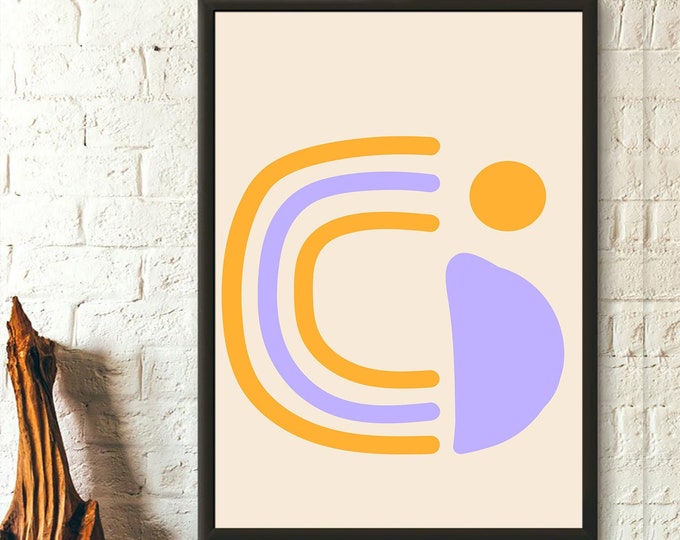 Mid Century Modern Rainbow Wall Art  Neutral Geometric Boho Decor  Colorful Botanical Print