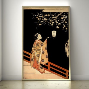 Arte mural japonés: Mujer admirando flores de ciruelo por la noche - Suzuki Harunobu - Impresión Ukiyo-e - Póster Harunobu