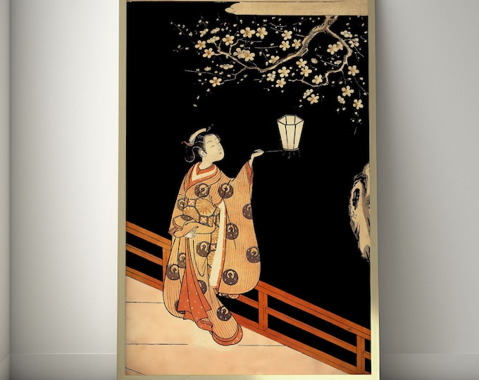 Wall Art Japanese Art  Woman Admiring Plum Blossoms at Night - Suzuki Harunobu Print Ukiyo-e Poster Harunobu