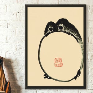 Impresión artística de rana Hoji de Matsumoto, sapo japonés vintage en madera, arte de pared, decoración wabi-sabi, impresión fea y linda