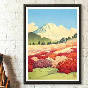El monte Fuji desde un jardín de flores Vista de un jardín de azaleas y el monte Fuji Kawase Hasui 1935 Arte mural japonés Arte japonés Koitsu Arte japonés