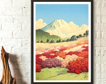 Berg Fuji vom Blumengarten – Blick auf einen Azaleengarten und den Berg Fuji Kawase Hasui 1935 Japan Wandkunst Koitsu Japanische Kunst Japan Kunst