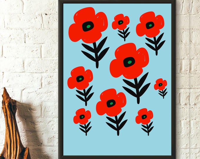 Red Poppies Poster Colorful Botanical Art Print Spring Flowers  Spring Floral Art Wall Art