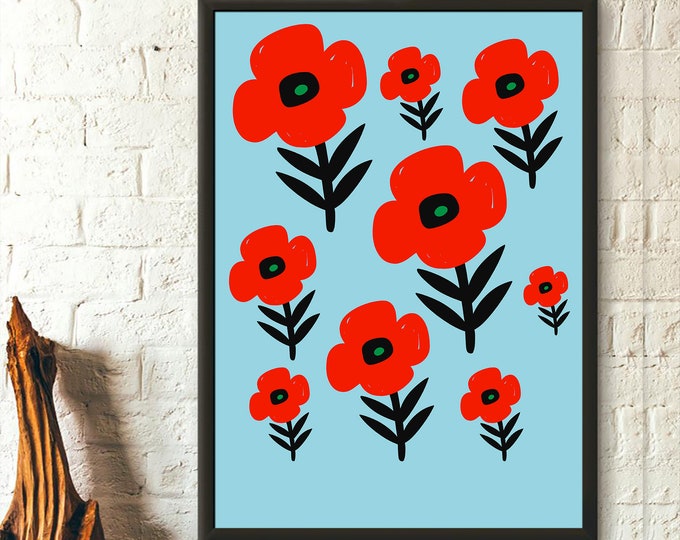 Red Poppies Wall Art Print  Colorful Spring Floral Poster  Botanical Décor for Home