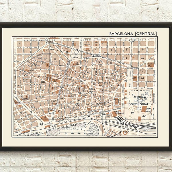 Ancienne carte de Barcelone - Carte historique de Barcelone, affiche de pendaison de crémaillère, idée cadeau d'anniversaire de Barcelone, impression de carte, art mural, impression de carte ancienne