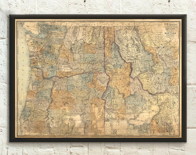 1891 Pacific Northwest Map Print: Washington, Oregon, Idaho, Montana