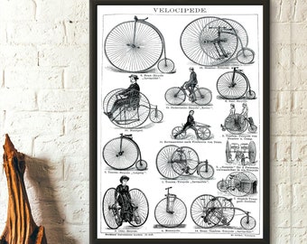 Vintage Bike Illustrations 1882 - Brockhaus Iluustrations Bike Poster Vintage Bicycle Print Vintage Bike Wall Art Cycling Wall Art Gift Idea