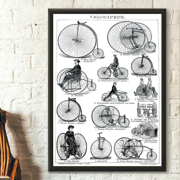 Vintage Bike Illustrations 1882 - Brockhaus Iluustrations Bike Poster Vintage Bicycle Print Vintage Bike Wall Art Cycling Wall Art Gift Idea