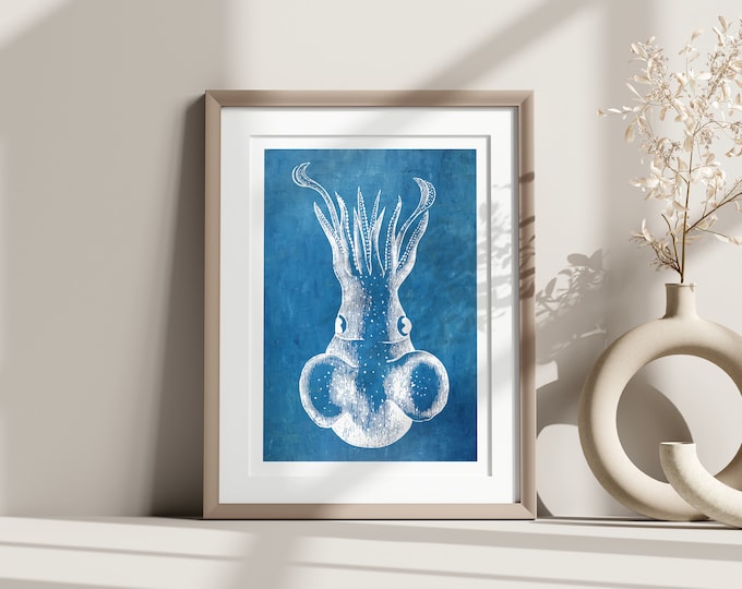 Cuttlefish Poster on a Blue Background -  Nautical Print Sea Life Poster Gift Idea. Create your own set from our store. Wall Art